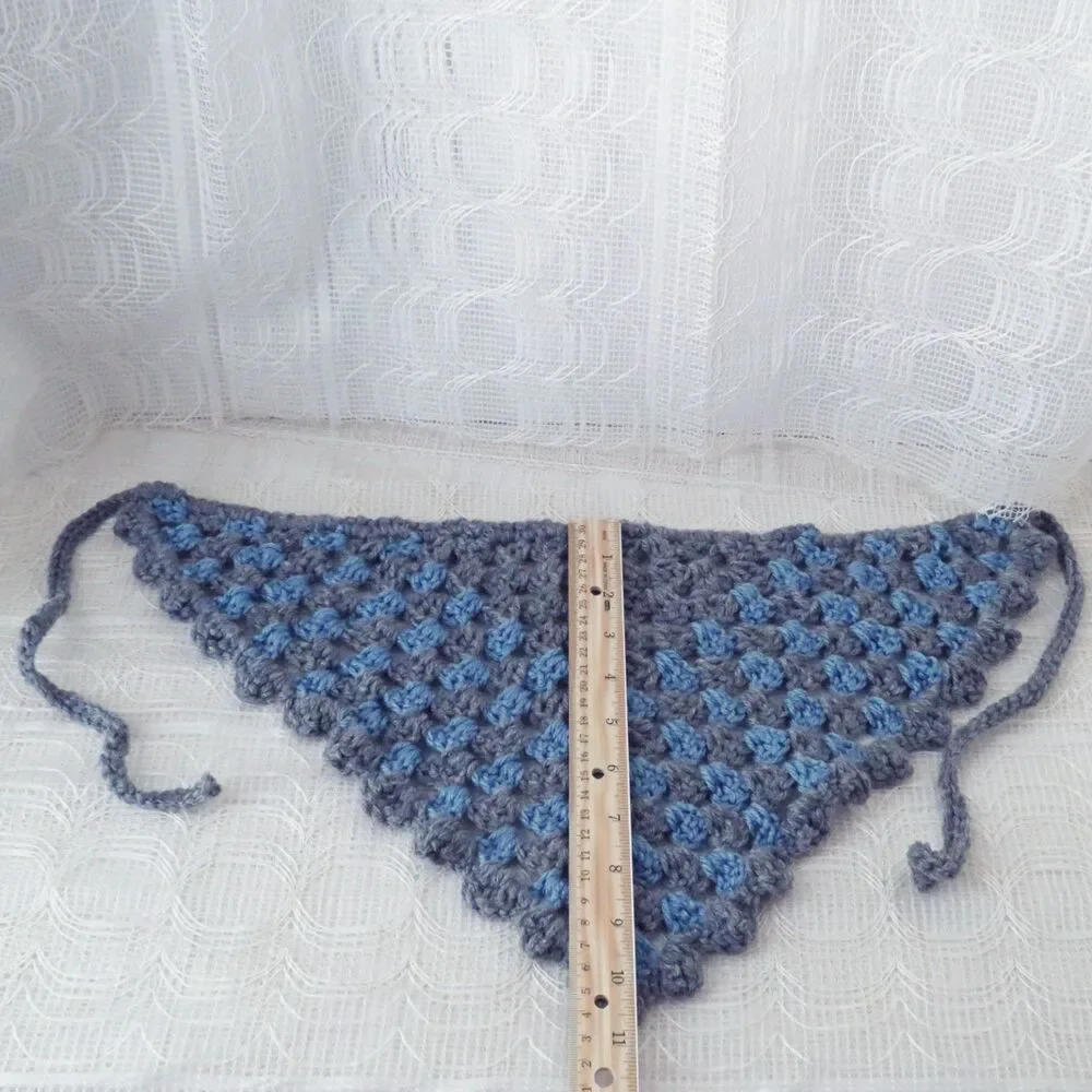 Handmade Crocheted Gray and Blue Bandana, Boho Style Head Covering, Cottage Core
